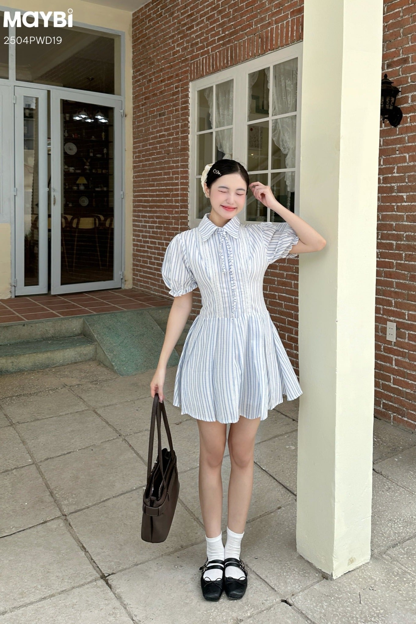Đầm sơ mi ôm tùng xòe tay nhún phồng dáng mini