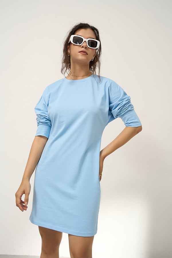 Đầm suông thun cotton phối vai rộng tay dài