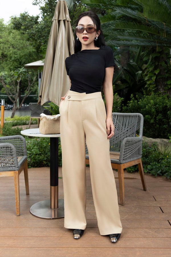 Quần ống rộng cotton lạnh lưng đắp xéo