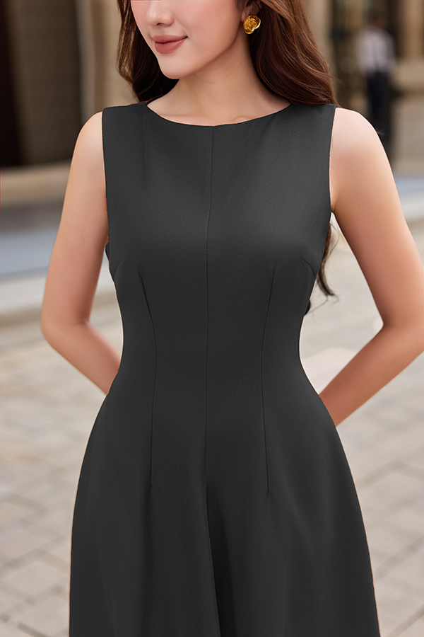 Đầm midi dáng xòe cotton lạnh xếp ly vai