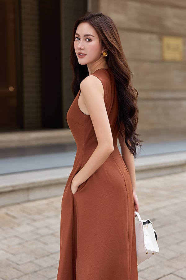 Đầm midi dáng xòe cotton lạnh xếp ly vai