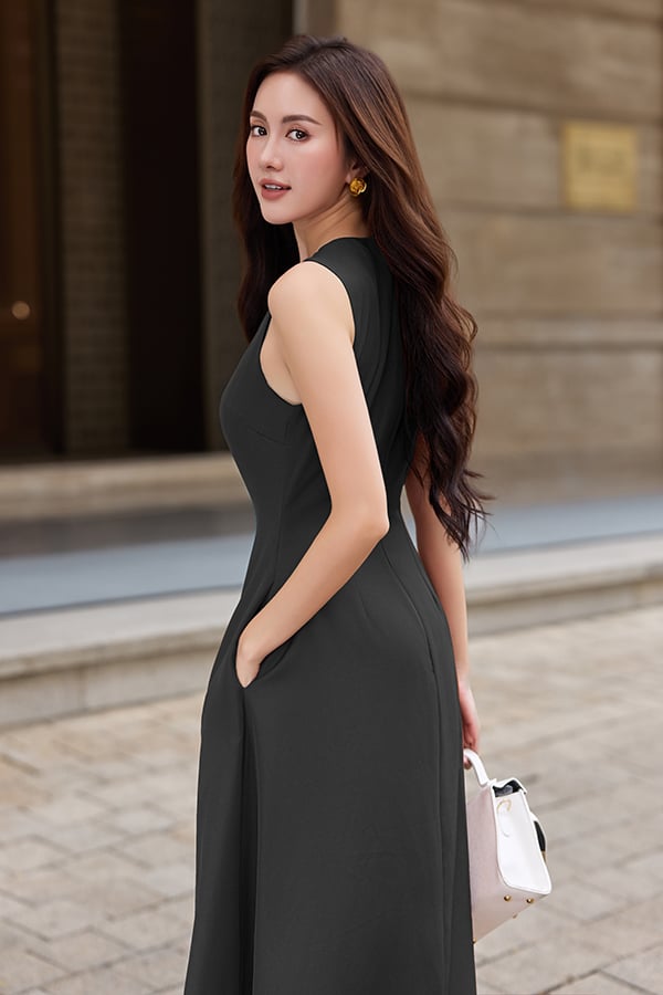 Đầm midi dáng xòe cotton lạnh xếp ly vai