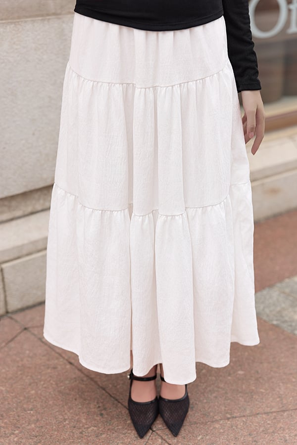 Chân váy xòe nhún tầng midi cotton