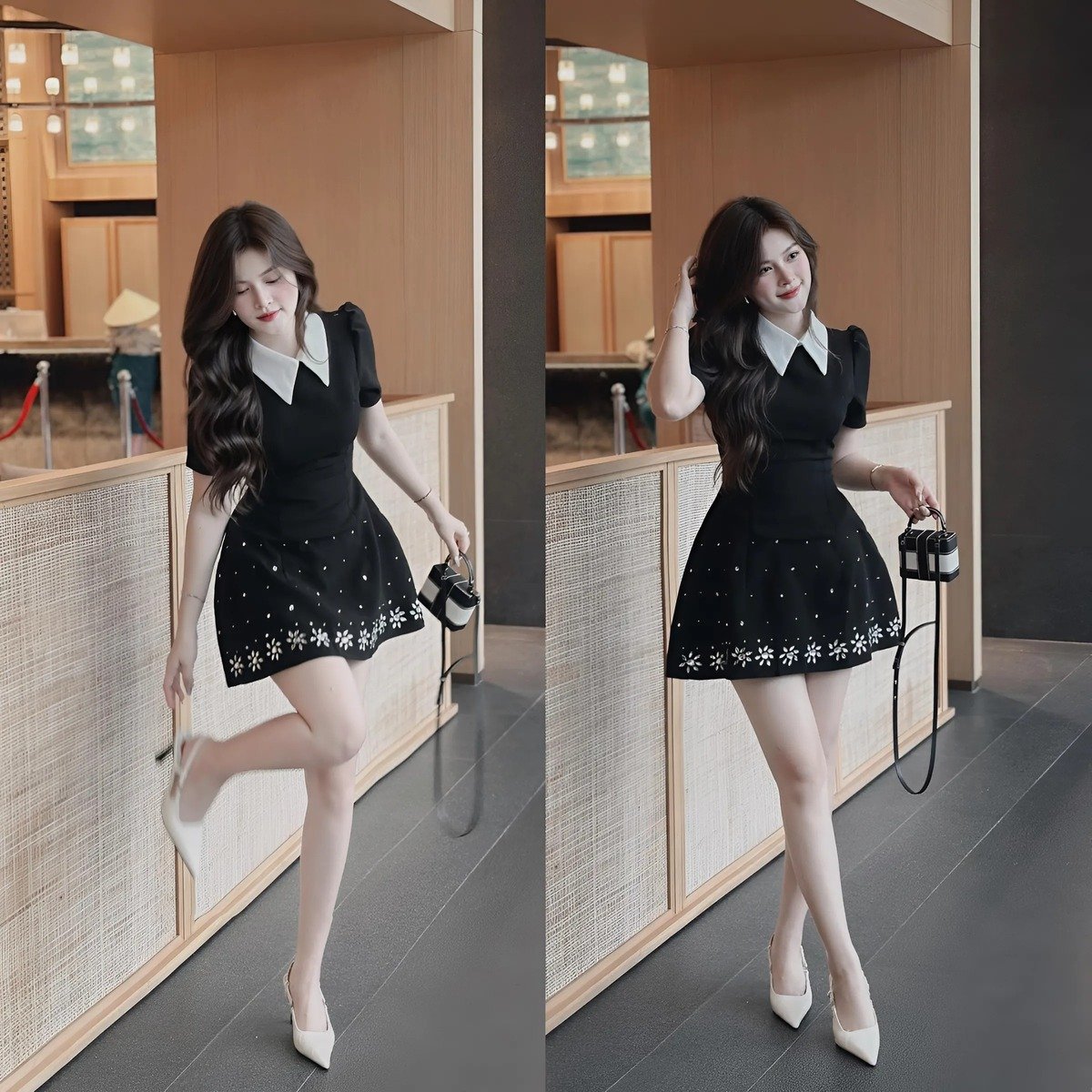 Đầm xòe cổ sơ mi tùng phối đính đá dáng mini