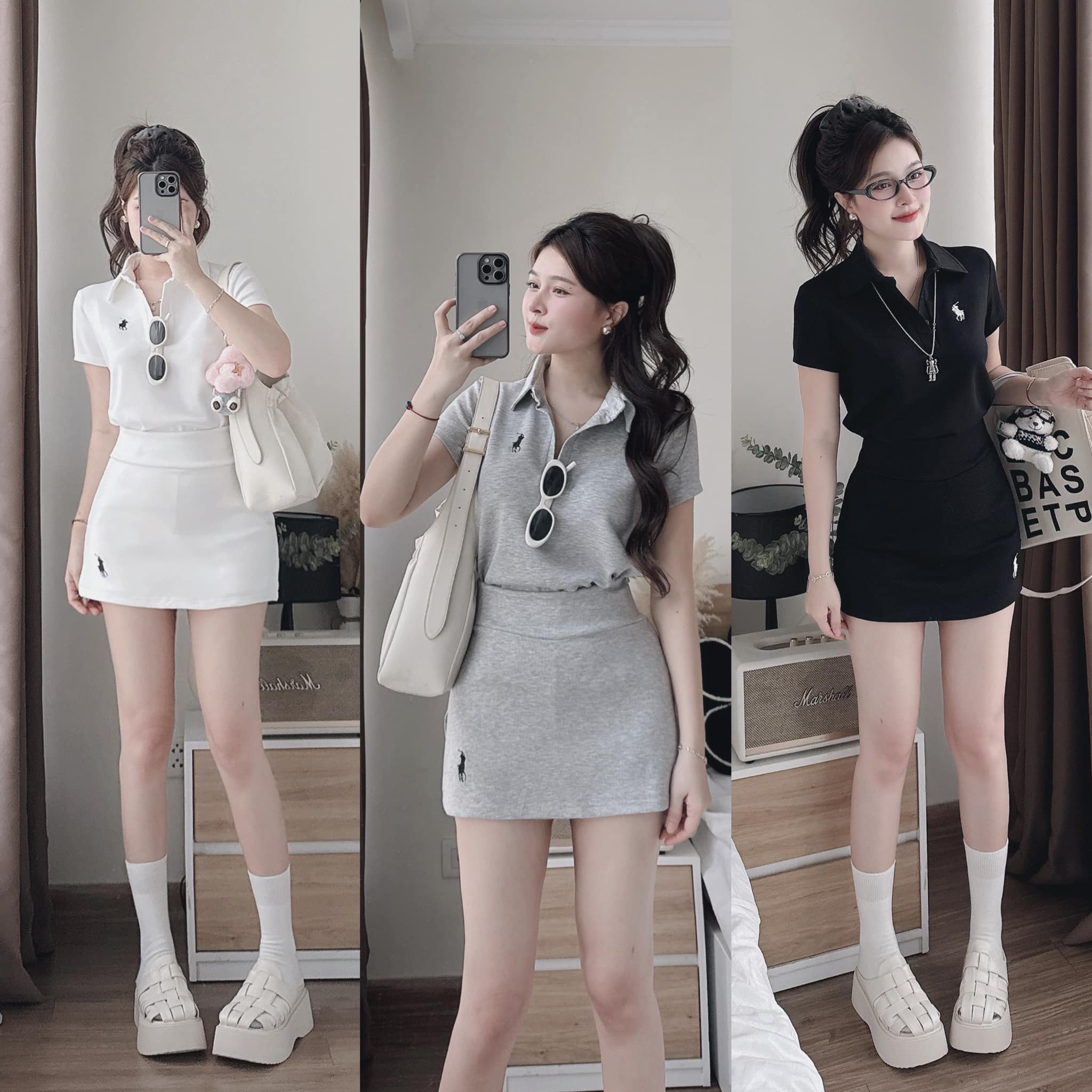 Set áo thun polo kèm chân váy A dáng mini