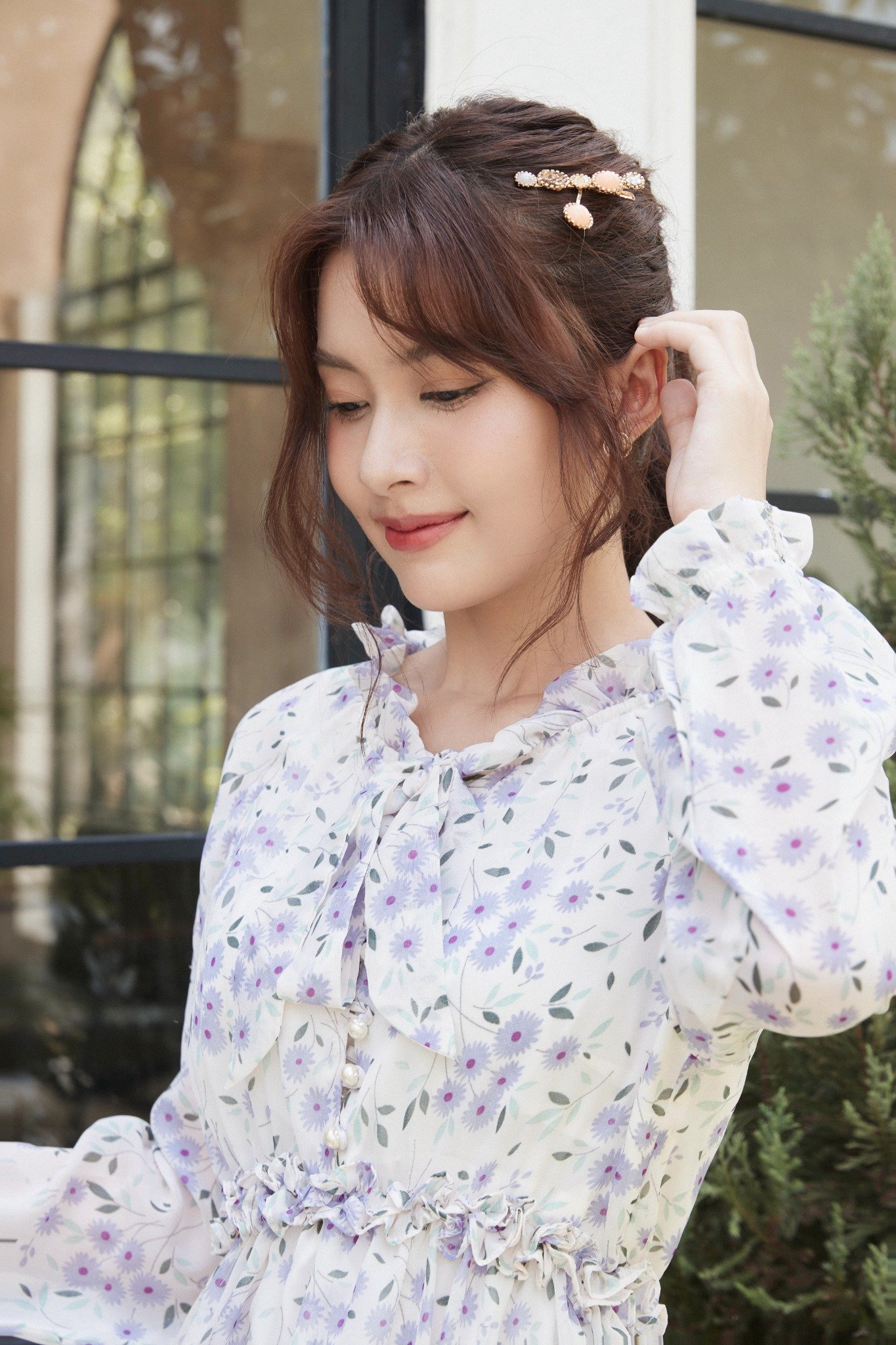 Đầm babydoll voan in hoa bèo nơ cổ