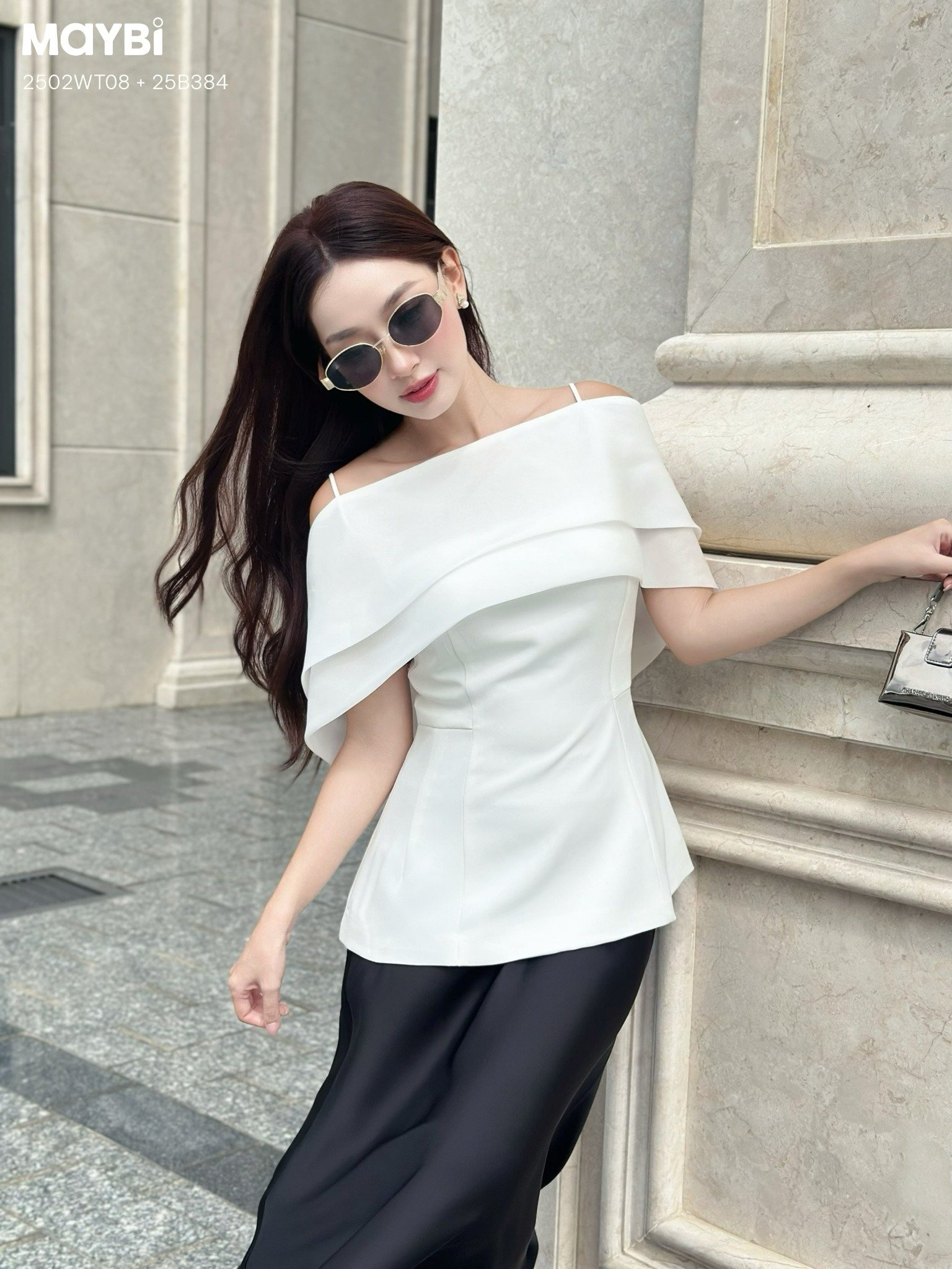 Áo peplum cotton thái trễ vai phối voan