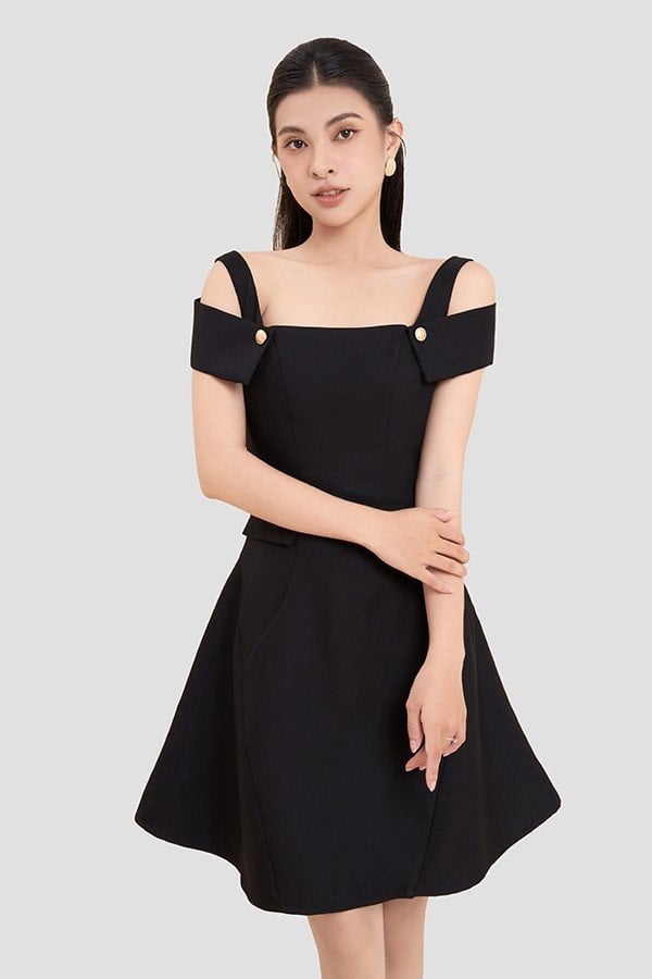 Đầm xòe pho xéo phối bèo tay kiểu