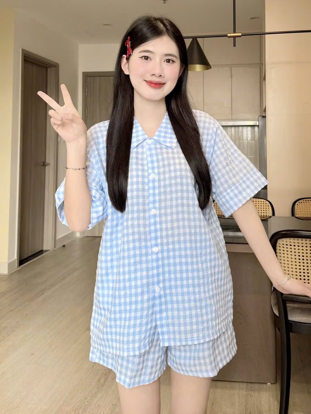 Bộ pyjama ngắn suông sọc caro